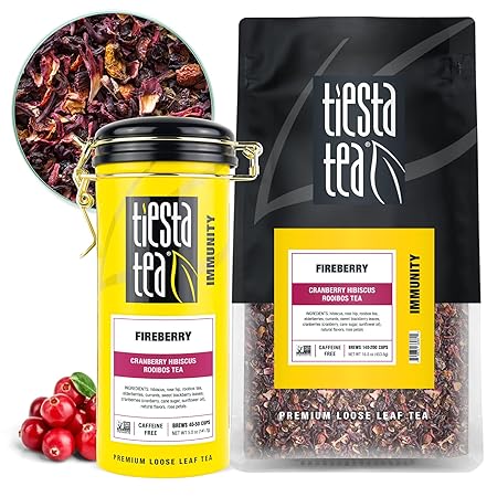 Tiesta Tea - Fireberry Cranberry Hibiscus Loose Leaf Tea, Premium Caffeine-Free Rooibos Blend, Brew Hot or Iced, Makes Up to 250 Cups, 16oz Bulk Pouch & 5oz Refillable Tin Set