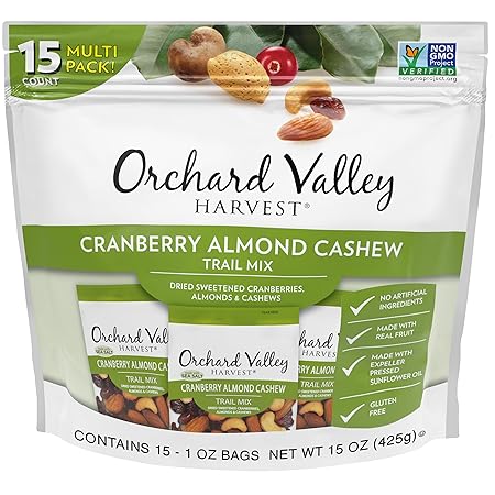 Orchard Valley Harvest Cranberry Almond Cashew Trail Mix, 1oz Bags (Pack of 15), Cranberries, Almonds, Cashews, Trail Mix Individual Packs, Snacks for Adults, No Artificial Ingredients, Bulk Snacks, Healthy Snacks for Adults