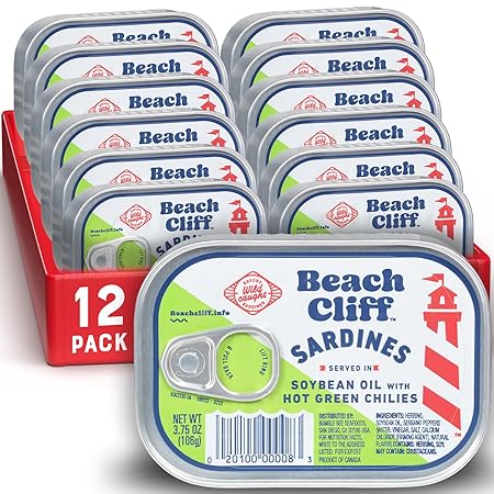 Beach Cliff Wild Caught Sardines in Soybean Oil with Hot Green Chilies, 3.75 oz Can (Pack of 12) - 17g Protein per Serving - Gluten Free, Keto Friendly - Great for Pasta & Seafood Recipes