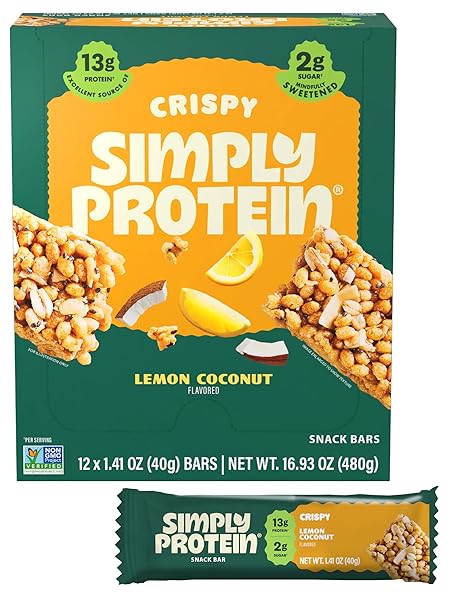 Simply Protein - Lemon Coconut Crispy Bars - Plant Based Protein Bars - Low Carb, Low Sugar, High Fiber - 13g Protein, 2g Sugar, 7g Fiber - Vegan, Gluten Free, Non GMO, Kosher - 32 Bars