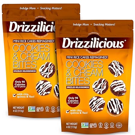 Drizzilicious Mini Rice Cakes Cookies & Cream - Rice Crisps, Healthy Snack for Adults and Kids, Flavored Rice Cakes, Vegan, Gluten Free, Allergen Free, Only 90 Calories Per Serving - 4 oz (Pack of 2)