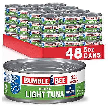 Bumble Bee Chunk Light Tuna In Water, 5 oz Cans (Pack of 48) - Wild Caught Skipjack Tuna - 23g Protein Per Serving - MSC Certified Sustainable Seafood, Non-GMO, Gluten Free, Kosher