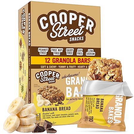 Cooper Street Banana Bread Granola Bakes (12 pack) - Individually Wrapped Soft and Chewy Breakfast Granola Bars - Nut, Dairy & Soy Free - Great As Kids Snacks For School, Hiking Or Work