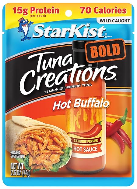 StarKist Tuna Creations BOLD Hot Buffalo, 2.6 oz Pouch (1 Pack) Ready to Eat Wild Caught Tuna, 15g Protein, Gluten Free, Soy Free, Kosher, Perfect for Salads, Keto Meals and Snacks