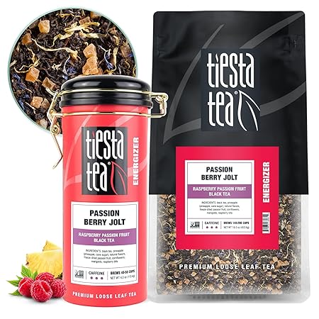 Tiesta Tea - Passion Berry Jolt, Loose Leaf, Raspberry Passion Fruit Black Tea, Premium High Caffeinated Black Blend, Make Hot or Iced, 16oz Bulk Pouch & 4oz Refillable Tin Combo