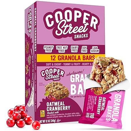 Cooper Street Oatmeal Cranberry Granola Bakes (12 pack) - Individually Wrapped Soft and Chewy Breakfast Granola Bars - Nut, Dairy & Soy Free - Great As Kids Snacks For School, Hiking Or Lunchbreak