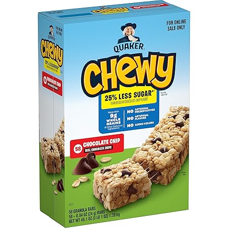 Quaker Chewy Lower Sugar Granola Bars, Chocolate Chip, 58 Count