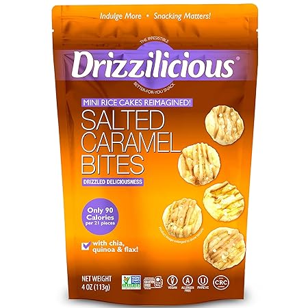 Drizzilicious Mini Rice Cakes Salted Caramel - Rice Crisps, Healthy Snack for Adults & Kids, Flavored Rice Cakes, Vegan, Gluten Free, Allergen Free, 90 Calories Per Serving - 4 oz (Pack of 1)