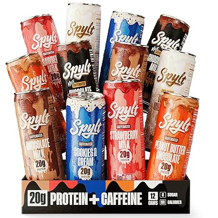 Spylt High Protein Milk - 6 Flavor Variety Pack with 60mg Caffeine & 20g Protein - 90 Calories, Ready to Drink, Sugar Free, Lactose Free Milk, Perfect for Workout Recovery & Afternoon Pick Me Up - 12 Count