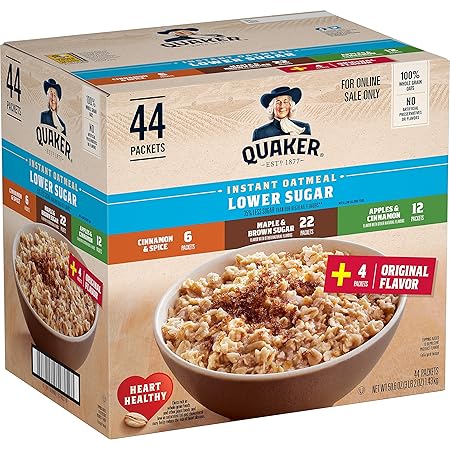 Quaker Instant Oatmeal Lower Sugar, 4 Flavor Variety Pack 44 Count (Pack of 1)