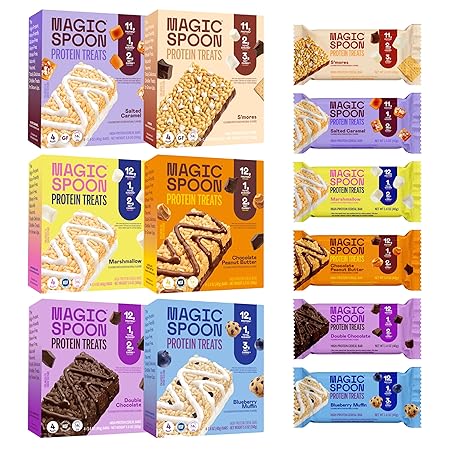 MAGIC SPOON Treats - High Protein Bars, Low Carb, Keto Friendly, 1g of Sugar, Gluten Free, Crispy Treat Cereal Bar, On-The-Go Healthy Snack (1 of each Marshmallow, Chocolate PB, Blueberry Muffin, Double Chocolate, Smores, Salted Caramel)