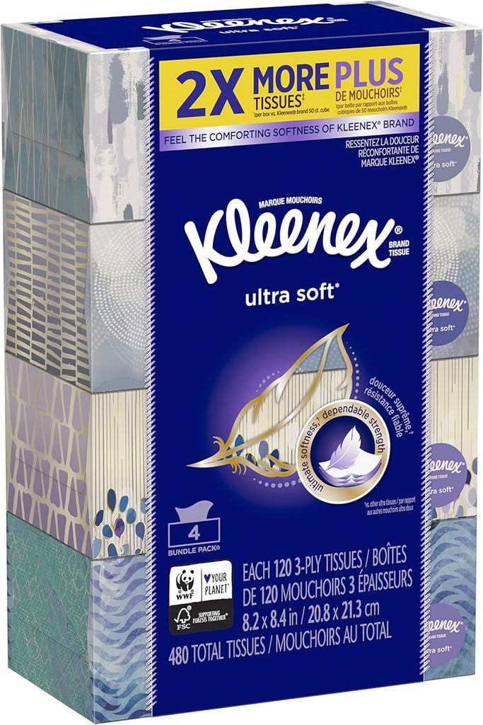 Kleenex Ultra Soft Facial Tissue Regular (Pack of 4), 3 ply, White, 480 Count (Pack of 4)