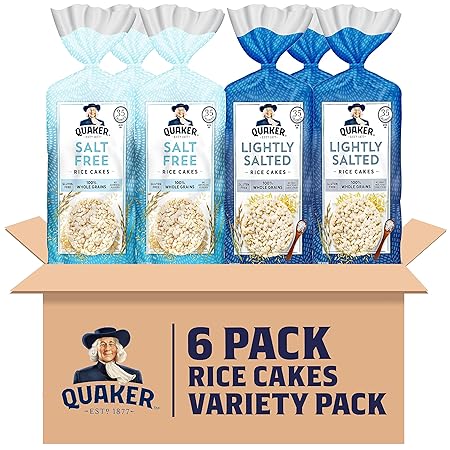 Quaker Large Rice Cakes, Gluten Free, Lightly Salted + Salt Free Variety Pack, 4.47 Ounce (Pack of 6)
