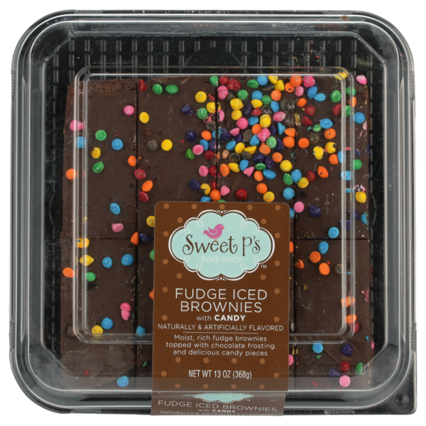 Sweet P's Fudge Iced Brownies Topped With Chocolate Frosting And Candy Pieces