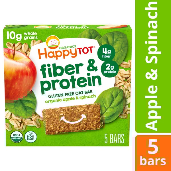 Happy Tot Organics Fiber & Protein Soft-Baked Oat Bars Toddler Snack Apple & Spinach, 0.88 Ounce Bars, 5 Count Box (Pack of 1)