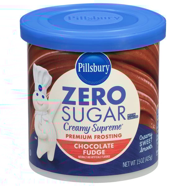 Pillsbury Zero Sugar Creamy Supreme Chocolate Fudge Flavored Premium Frosting, 15 Oz Tub