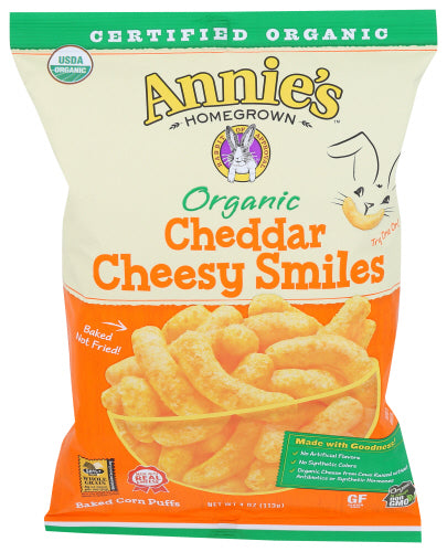 Annies Homegrown 
Puffs Cheesy Agd Cheddar, 4 OZ.