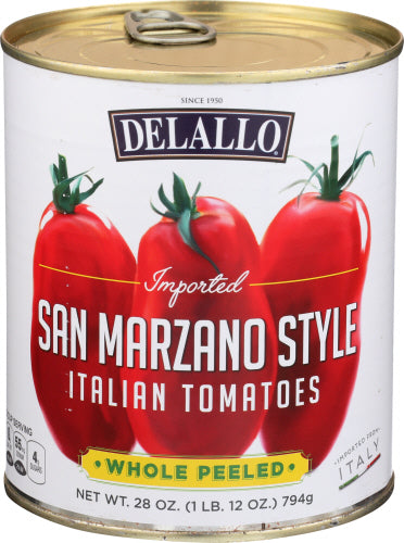 Delallo 
Tomato Whl Peeled San Ma, 28 OZ.