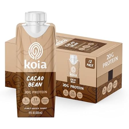 Koia Plant Based Protein Shake, Cacao Bean, 20g Protein, 3g Sugar, 6g Prebiotic Fiber, 21 Vitamins & Minerals, Meal Replacement Drinks, Dairy-Free, Gluten-Free, Non-GMO, 11 Fl Oz (Pack of 12)