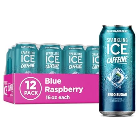 Sparkling Ice Caffeine Blue Raspberry Sparkling Water with Caffeine, Zero Sugar, with Antioxidants and Vitamins,16 fl oz Cans (Pack Of 12)