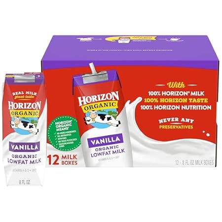 Horizon Organic Shelf Stable 1% Lowfat Vanilla Milk Boxes, 8 fl oz, 12 Count - 8g Protein per Serving, USDA Organic UHT from Pasture-Raised Cows, Ready to Drink for Lunchbox, Travel, or On-the-Go, No Refrigeration Needed