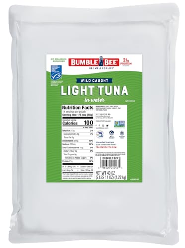 Bumble Bee Chunk Light Tuna In Water, 43 oz Bulk Food Service Pouch - Wild Caught Skipjack Tuna Packet - 21g Protein per Serving - MSC Sustainable Seafood, Non-GMO, Gluten Free, Kosher