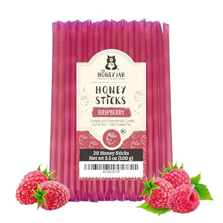 The Honey Jar Raspberry Flavored Honey Sticks - Pure Honey Straws For Tea, Coffee, or a Healthy Treat - One Teaspoon of Flavored Honey Per Stick - Made In The USA with Real Honey - (20 Count)