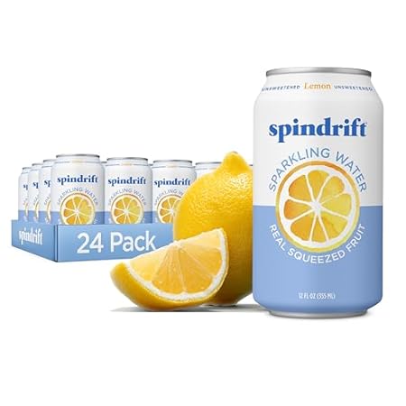 Spindrift Sparkling Water, Lemon Flavored, Made with Real Squeezed Fruit, 12 Fl Oz Cans, Pack of 24 (Only 3 Calories per Can)