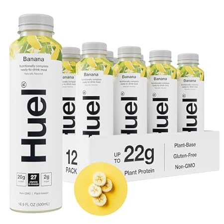 Huel Ready-to-Drink | Banana Meal Replacement Drink | High Protein Drink | Nutritionally Complete, Low Sugar, High Fiber, Plant Based, Vegan, Healthy | 20g Protein Per Bottle, 16.9 Fl Oz (12 Pack)