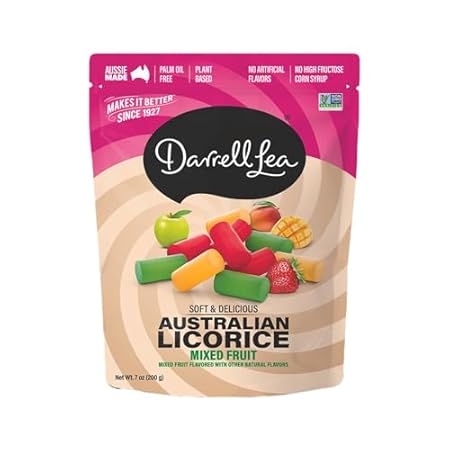 Darrell Lea Soft Australian Licorice, Non-GMO, No Palm Oil, Plant Based, No High Fructose Corn Syrup, Soft & Chewy Licorice Candy, Made in Australia (Mixed Fruit, 7 Ounce (Pack of 1)) *ASIN