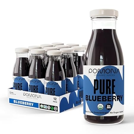 Pomona Organic Juices Pure Blueberry Juice, Cold Pressed Organic Juice, Non-GMO, No Sugar Added, Not from Concentrate, Gluten Free, Kosher Certified, Preservative Free, 8.4 Ounce (Pack of 12)