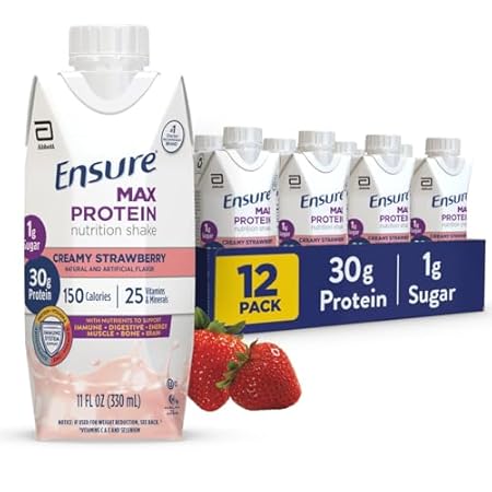 Ensure Max Protein Shake | Creamy Strawberry | Ready to Drink | 30g Protein for Muscle Health | 1g Sugar, 4g Fiber | 11 fl oz, 12 Pack