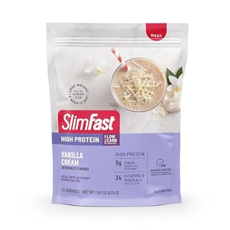 SlimFast High Protein Meal Replacement Powder, 26 Servings, Advanced Nutrition Smoothie Mix with Vitamin and Mineral Blend, Gluten Free, Vanilla Cream, 1.53 Pounds