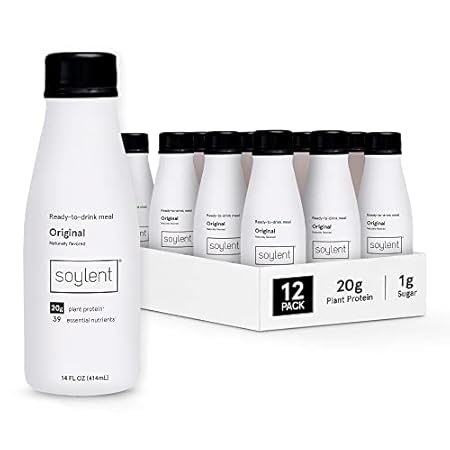 Soylent Original Meal Replacement Shake, Ready-to-Drink Plant Based Protein Drink, Contains 20g Complete Vegan Protein and 1g Sugar, 14oz, 12 Pack