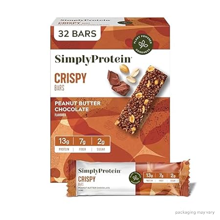 Simply Protein - Peanut Butter Chocolate Crispy Bars - Plant Based Protein Bars - Low Carb, Low Sugar, High Fiber - 13g Protein, 2g Sugar, 7g Fiber - Vegan, Gluten Free, Non GMO, Kosher - 32 Bars