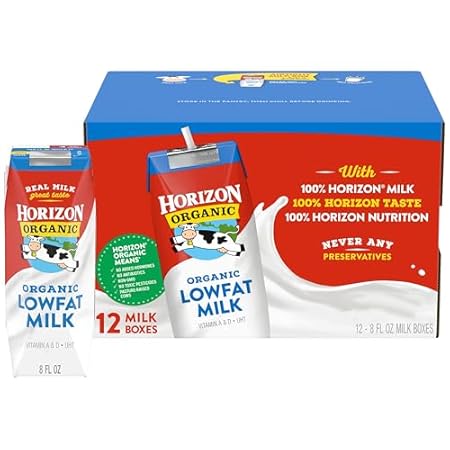 Horizon Organic Shelf Stable 1% Lowfat Milk Boxes, 8 fl oz, 12 Count - 8g Protein per Serving, USDA Organic UHT from Pasture-Raised Cows, Ready to Drink for Lunchbox, Travel, or On-the-Go, No Refrigeration Needed