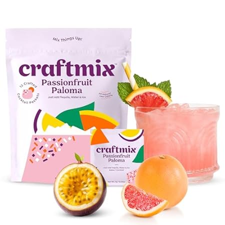 Craftmix Passionfruit Paloma Cocktail & Mocktail Drink Mixer, Skinny Mixes - Water Flavoring Packets - Made With Real Fruit - Vegan, No-Carb, No-Sugar, Non-GMO, Dairy Free, Gluten Free, 24 Pack