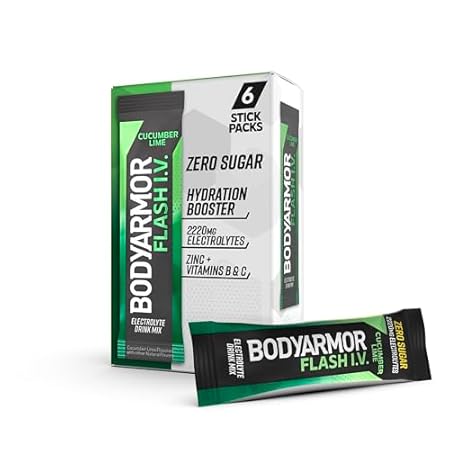 BODYARMOR Flash IV Electrolyte Packets, Cucumber Lime - Zero Sugar Drink Mix, Single Serve Packs, Coconut Water Powder (6 Count)
