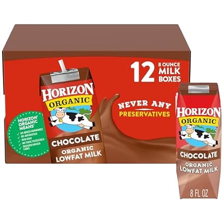 Horizon Organic Shelf Stable 1% Lowfat Chocolate Milk Boxes, 8 fl oz, 12 Count - 8g Protein per Serving, USDA Organic UHT from Pasture-Raised Cows, Ready to Drink for Lunchbox, Travel, or On-the-Go, No Refrigeration Needed