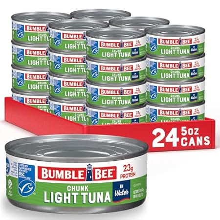Bumble Bee Chunk Light Tuna In Water, 5 oz Cans (Pack of 24) - Wild Caught Skipjack Tuna - 23g Protein Per Serving - MSC Certified Sustainable Seafood, Non-GMO, Gluten Free, Kosher