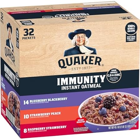 Quaker Immunity Instant Oatmeal, 3 Flavor Variety Pack, Good Source of Vitamins C, D, & Zinc, Whole Grains, No Artificial Flavors, No Colors from Artificial Sources, 1.41 oz Packets, (32 Pack)