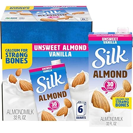 Silk Shelf-Stable Almond Milk, Unsweetened Vanilla, Dairy-Free, Vegan, Non-GMO Project Verified, 1 Quart (Pack of 6)