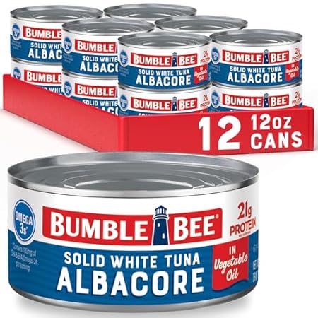Bumble Bee Solid White Albacore Tuna in Oil, 12 oz Can (Pack of 12) - Wild Caught Tuna - 21g Protein per Serving, High in Omega-3s - Non-GMO Project Verified, Gluten Free, Kosher