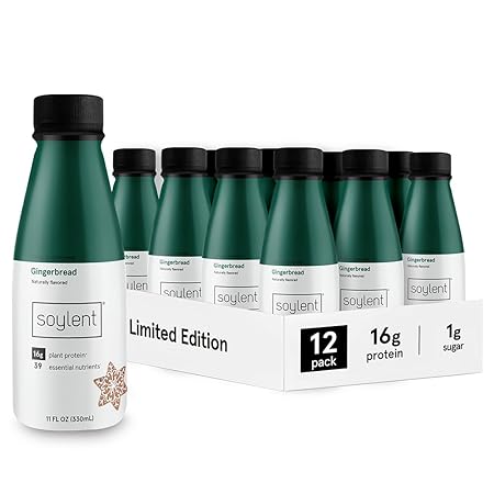 Soylent Complete Meal Replacement Shake, Gingerbread, 16g Complete Protein, Ready-to-Drink Plant Based Protein Drink, 1g Sugar, 11oz (12 Pack)