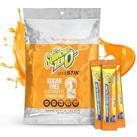 Sqwincher Zero Qwik Stik, Orange, Sugar Free, Low Calorie, Low Sodium Electrolyte Powder Hydration Drink Mix, .11 0z Packet (Pack of 50)