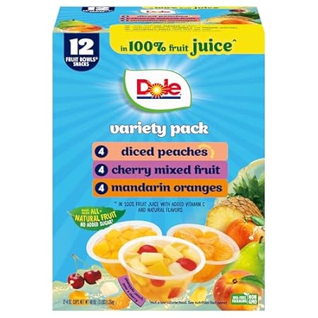 Dole Diced Peaches, Mandarin Oranges, and Cherry Mixed Fruit in 100% Juice Variety Pack - Dole Fruit Bowls Snacks - 4 oz Bowls - 12 Pack