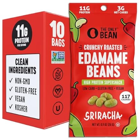 The Only Bean Crunchy Roasted Edamame Snacks Pack (Sriracha), Protein Keto Food, Gluten Free, Asian Japanese Snacks, Hot Spicy Snack, 0.9oz 10 Pack