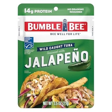 Bumble Bee Jalapeno Seasoned Tuna, 2.5 oz Pouch - Ready to Eat - Wild Caught Tuna Packet - 14g Protein per Serving - Gluten Free
