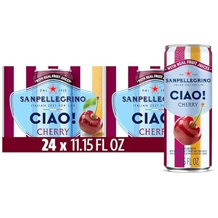 Sanpellegrino CIAO Cherry Sparkling Water, Low-Calorie Italian Sparkling Water with Real Fruit Juices, 0g Added Sugar, 24-Pack