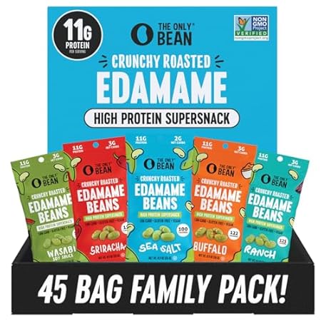 The Only Bean High Protein Snacks, Healthy Office Snacks, Healthy Snacks for Adults and Kids for Lunch, Vegan, Low Carb & Gluten Free - Edamame Beans Snack, Variety Pack - 0.9oz (Pack of 45)